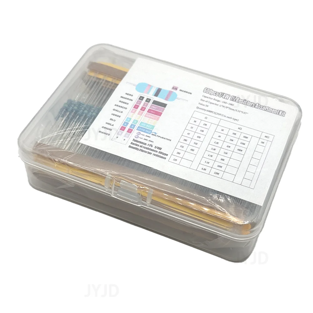 300/600pcs 1/4w Metal Film Resistor 30 Values Resistance Kit 10R-1M 0.25W 1% Resistors Set