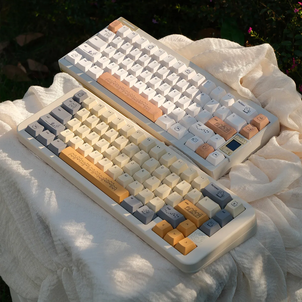 URE Minimalist Style Keycaps Dye-Sub Cherry Profile PBT Keycaps Beige Cute Cat Key Caps For MX 61 68 87 96 Mechanical Keyboard