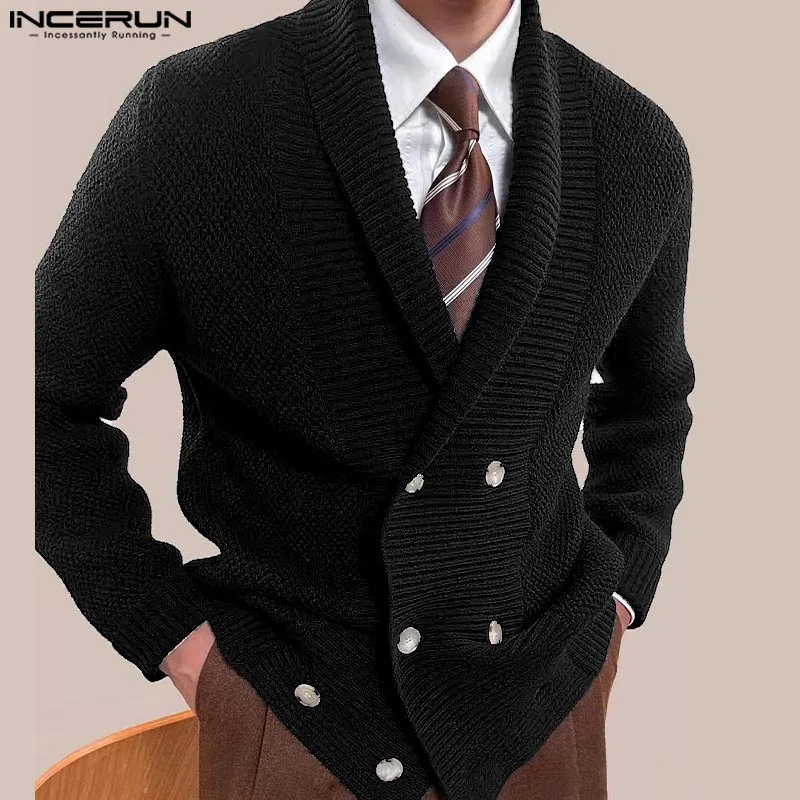 INCERUN Tops 2024 Fashion New Men Double Breasted Design Knitted Cardigan Streetwear Male Solid Long Sleeved Sweater Coats S-5XL