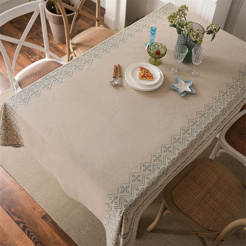 Cotton Linen Tablecloth Coffee Tablecloth Waterproof Oil-Proof Anti-Scald Table Mat Blue Embroidery Geometric Table Decoration