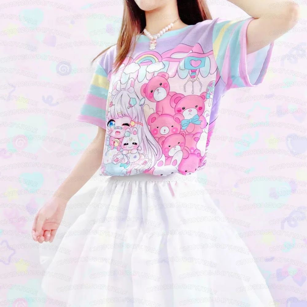 Sommerliches süßes Kawaii Bunny Candy Anime Girl Yume Kawaii Fairy Kei Sweet Pastel Pink Damen Kurzarm-Freizeit-T-Shirt