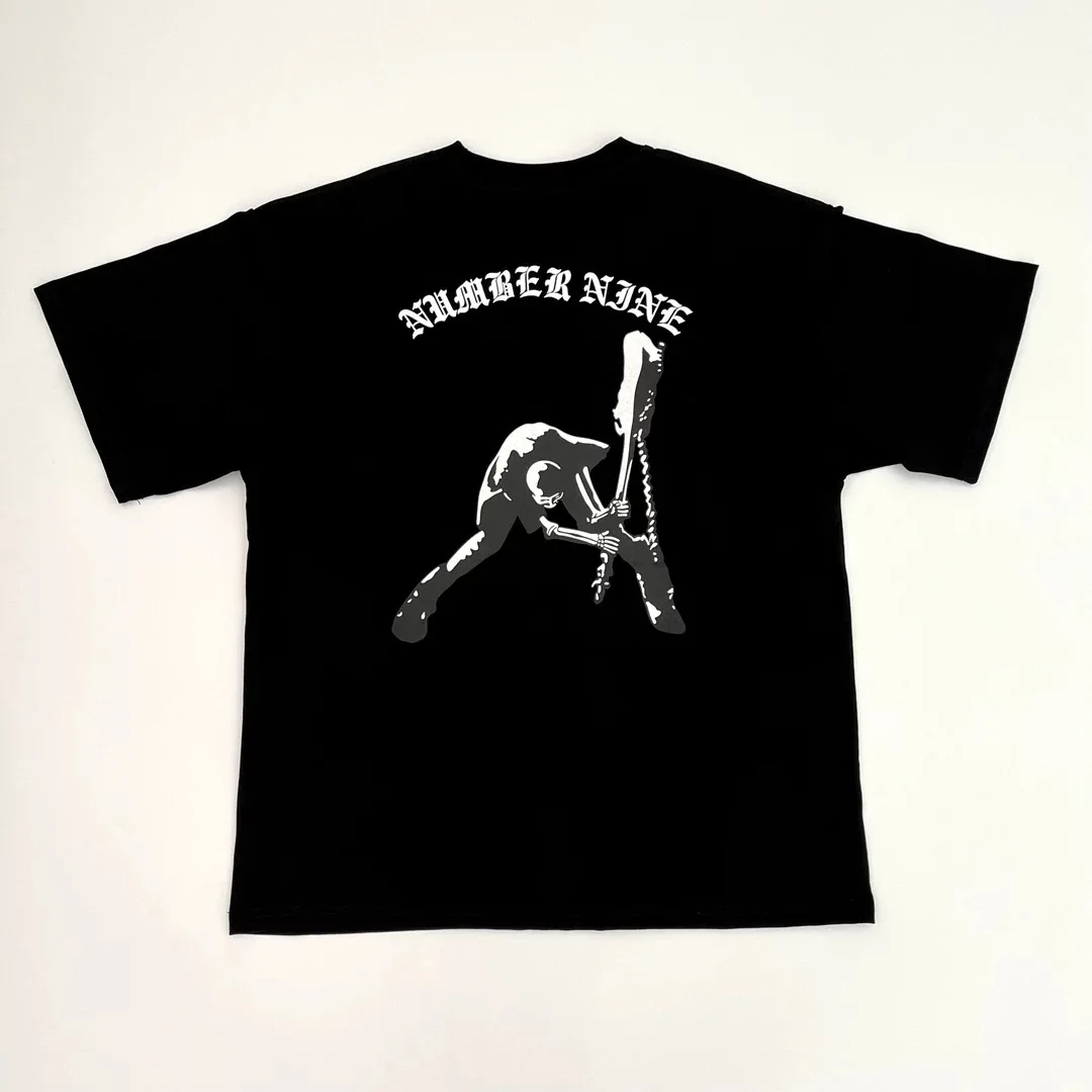 KK11  Number Nine N9 Skeleton Guitar Short Sleeve T-shirt Vintage Pop Print Black and White Couple Tops