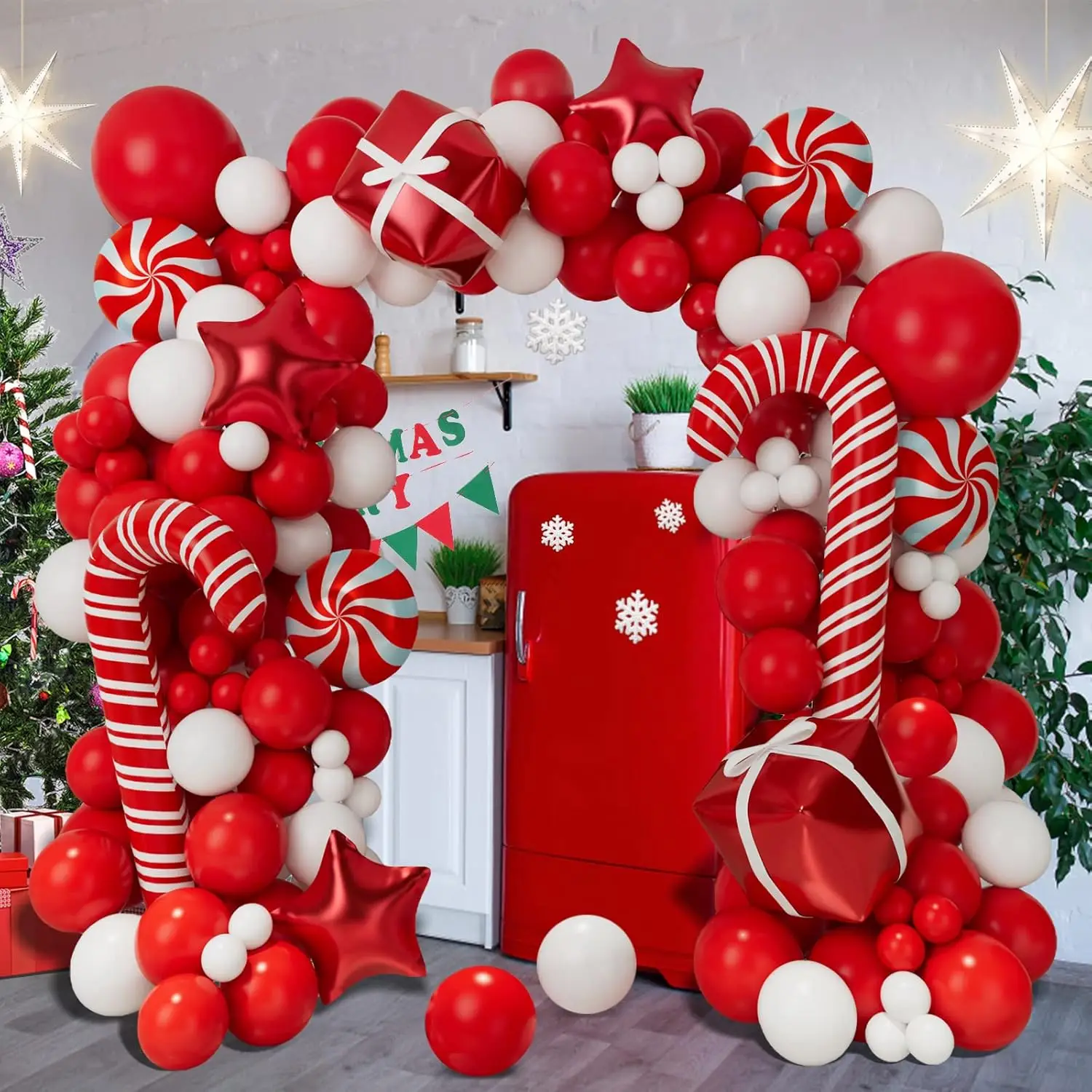 115PCS Christmas Balloon Garland Arch Kit with Red Star Balloons Candy Cane Balloons for Merry Christmas Party Decorations