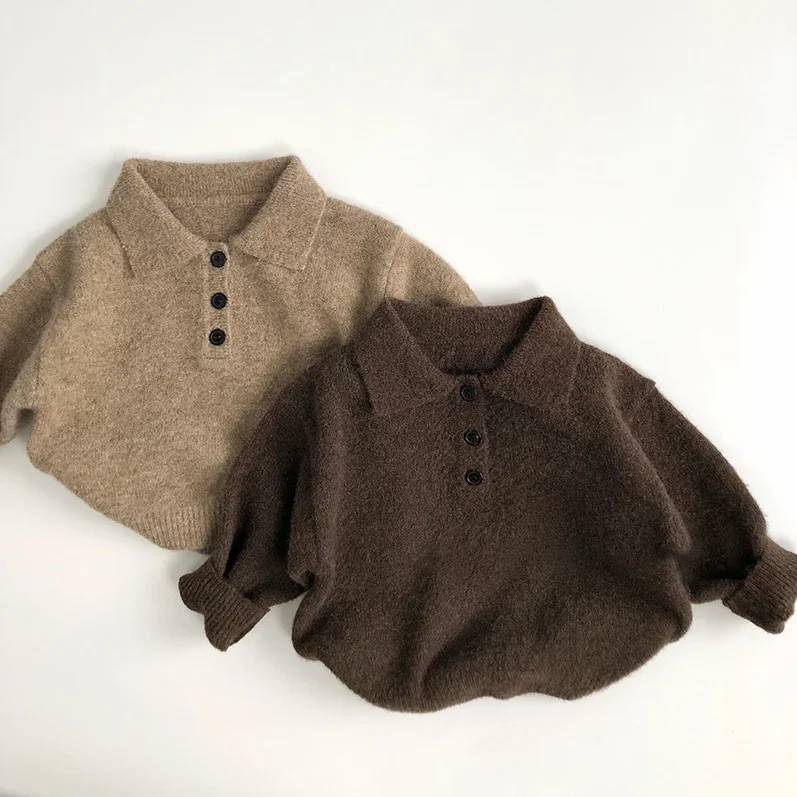 

Autumn and Winter French Children's Sweater Trendy Retro 1-6YKids Knit Turn Down Collar Sweater Solid Color Pullover Girls Outwe