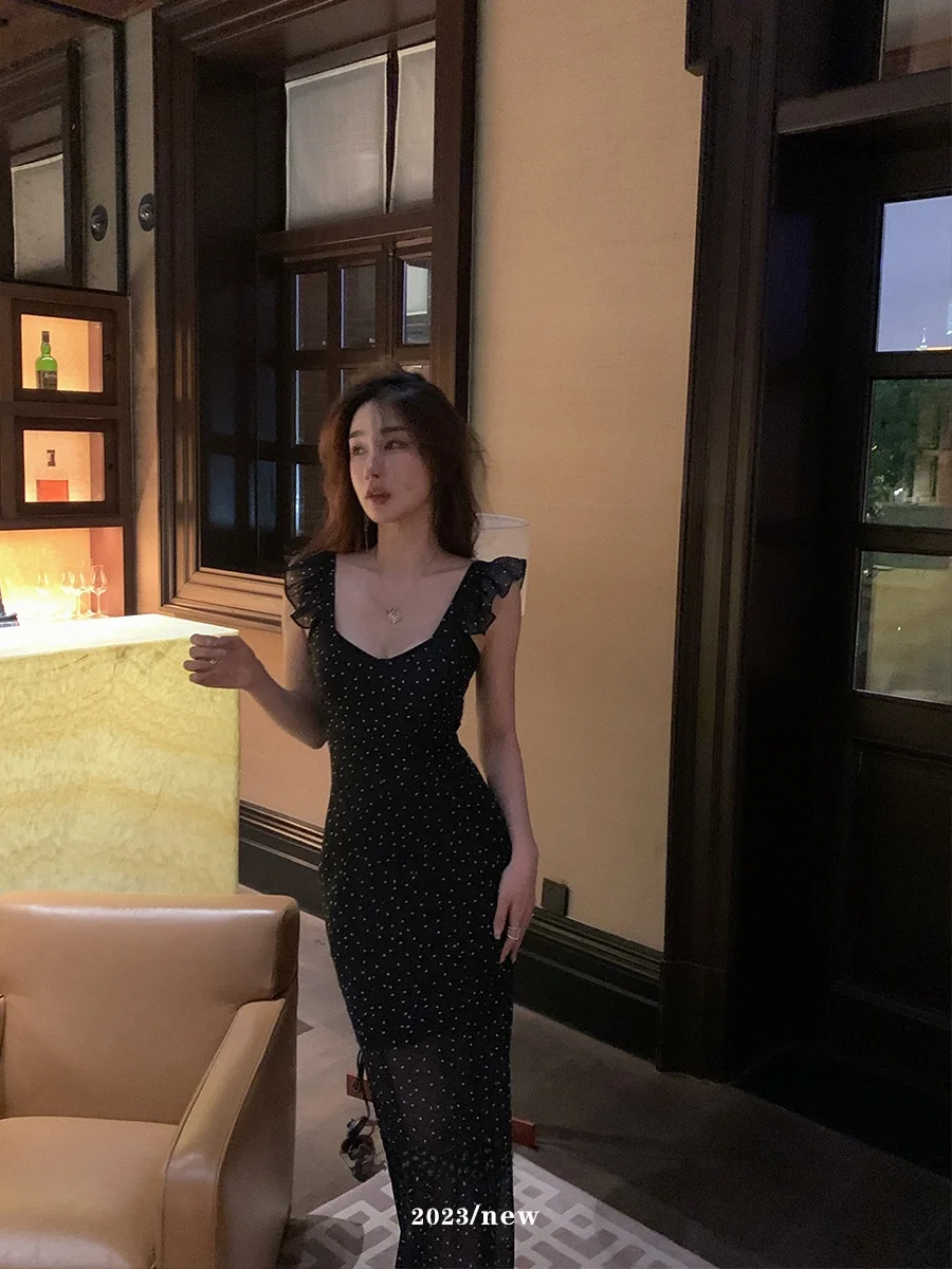 

Элегантное женское платье Achi из шифона с эффектом жоржет и принтом в горошек, приталенное, с длинными рукавами-колокол, с завышенной талией, из полиэстера