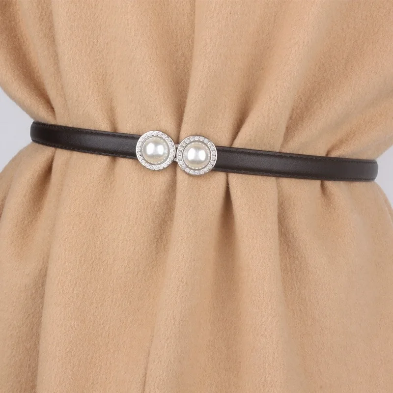 

Trend Pearl Thin Belt Rhinestone Belt Genuine Leather Bling Crystal Adjustable Glitter Waistband Luxury Wedding Dress Girdle