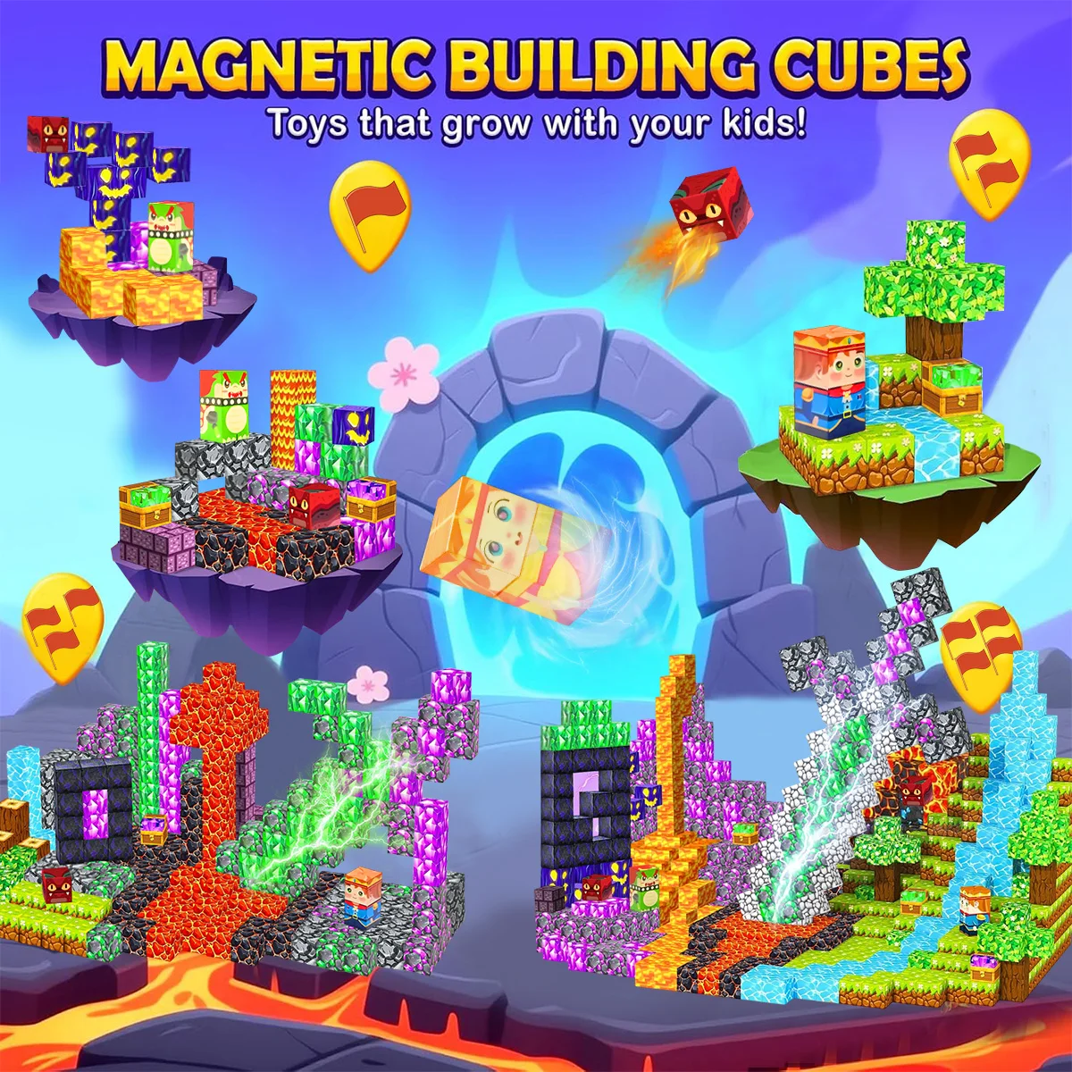 Blocs de construction magnétiques, ensemble de cubes magnétiques d'aventure de lave, jouet sensoriel STEM Montessori pour enfants, garçons et filles, cadeaux d'anniversaire