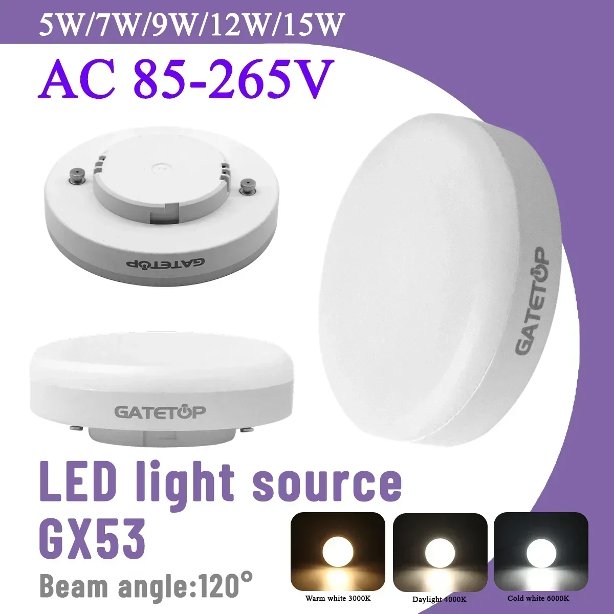 

2pcs Hight lumen LED Spotlight GX53 5W 7W 9W 15W AC85-265V 100lm/W Daylight Warm white Cold light for home bedroom derection