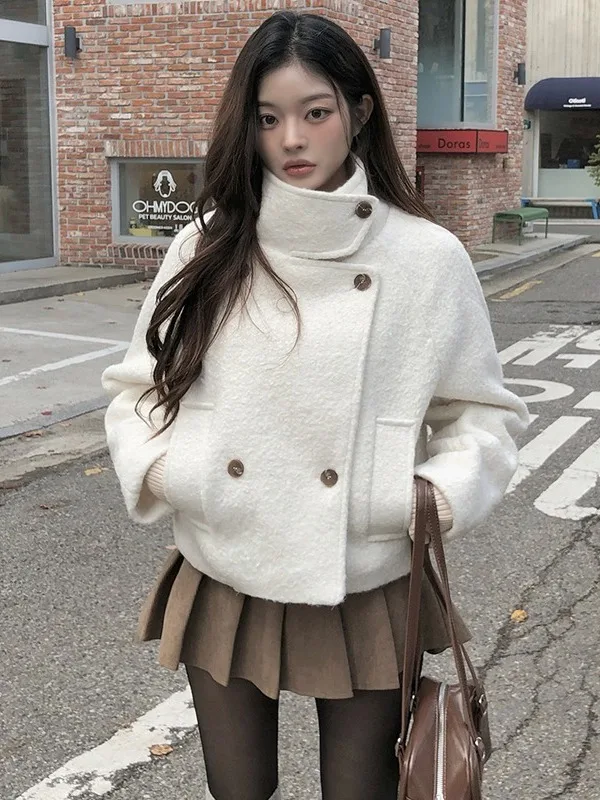 Winter Chic Short Woolen Coat Women's Stylish British Style Warmth Double Breasted Cotton Lined Jacket Thickened Female Outer...