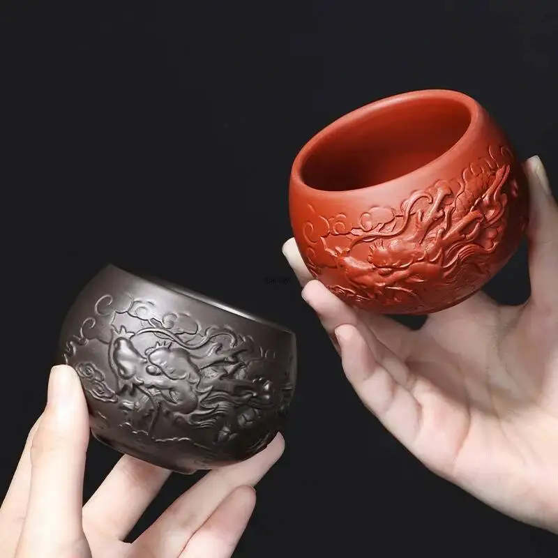 Chinese Hand Carving Dragon Purple Clay Teacup Outdoors Portable Tea Bowl Master Cup Tea Cup Drinkwarer