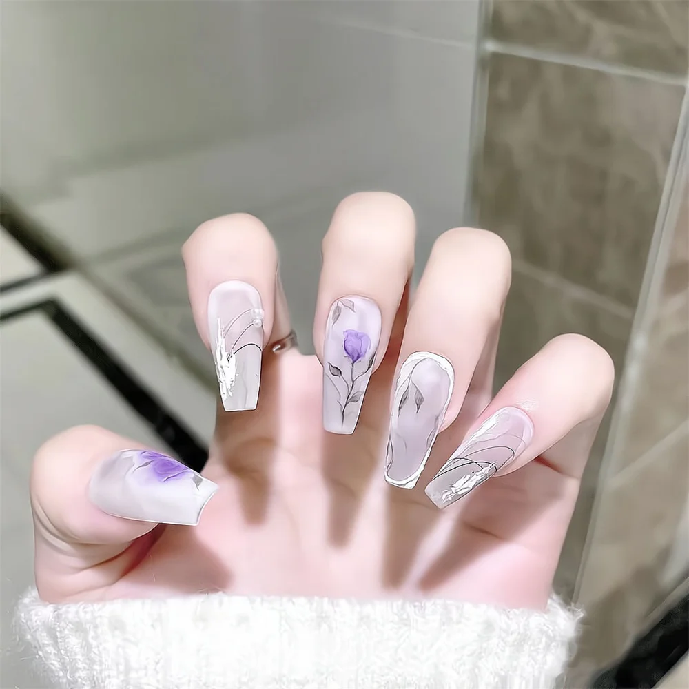 Faux ongles mats avec Rose colorée, violet réutilisable, Nail Art, couverture complète, artificiels, pression sur les longs ongles cercueil de Ballet