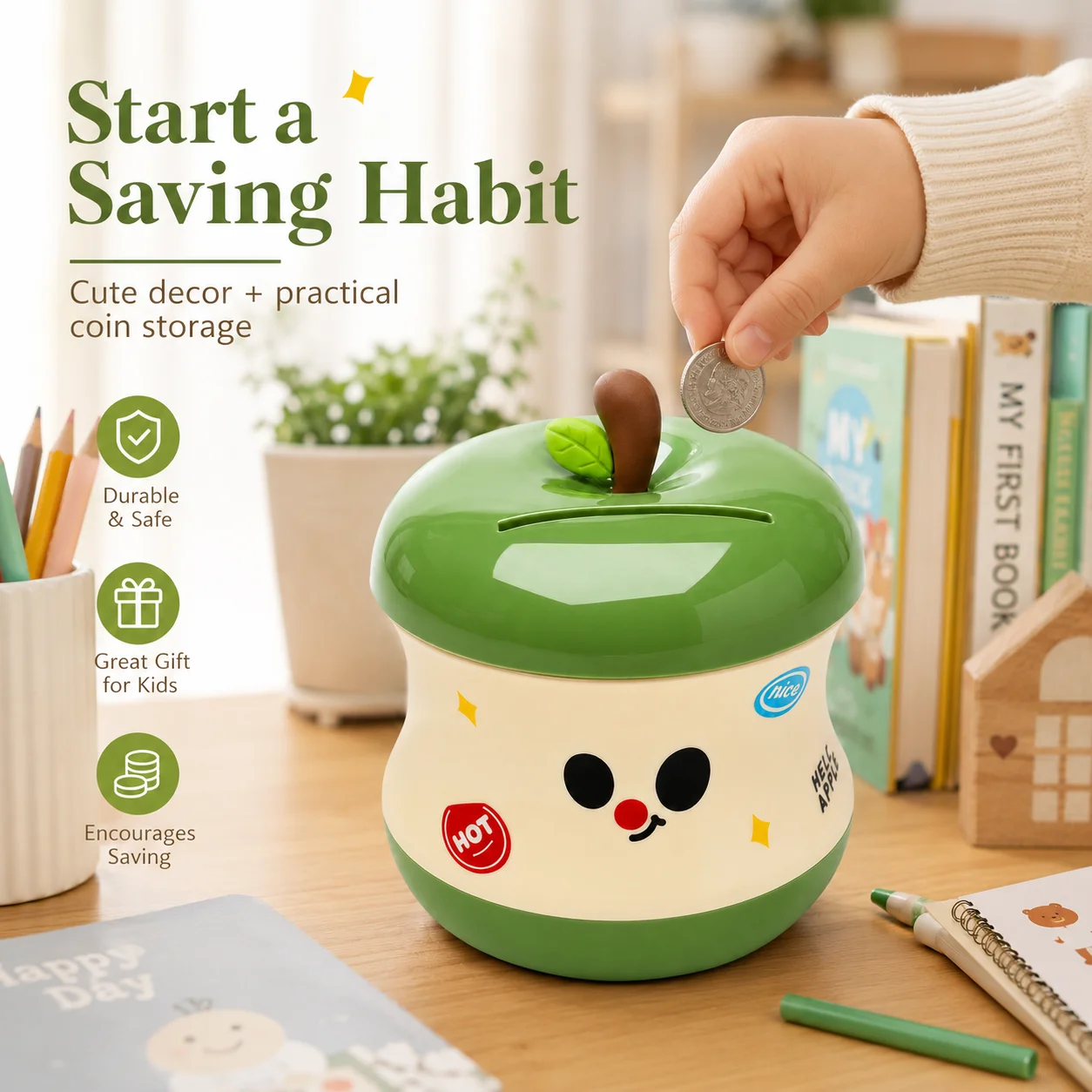 Apple Shape Coin Box, Cute Desk Savings Bank for Students, Money Box for Kids Girls with Access