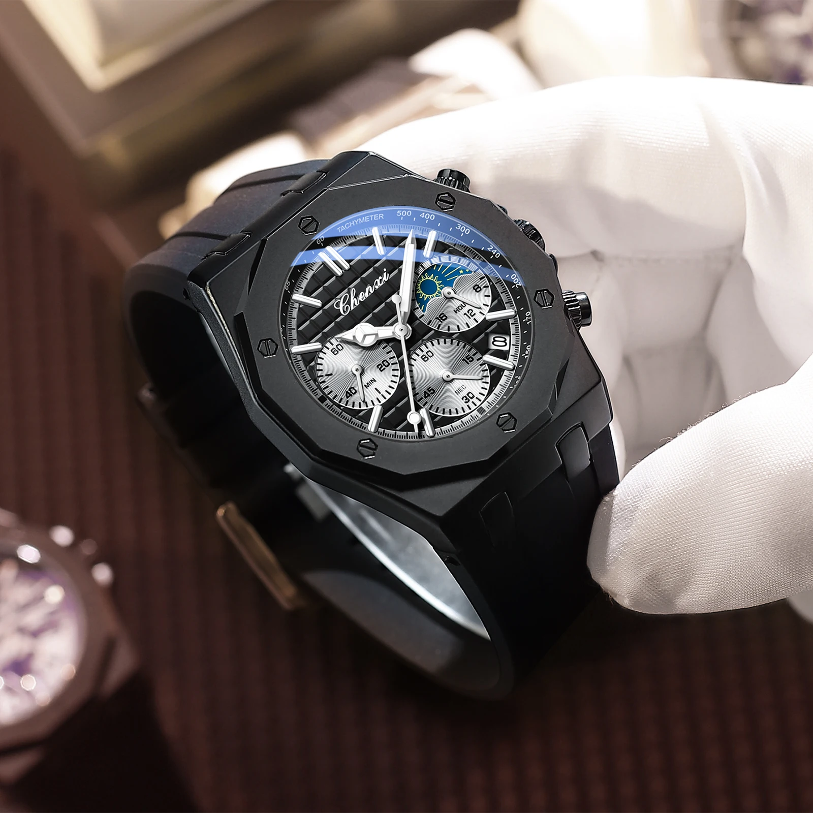 CHENXI 968 ساعة كوارتز رجالية عصرية متعددة الوظائف بحزام سيليكون وتقويم مقاوم للماء