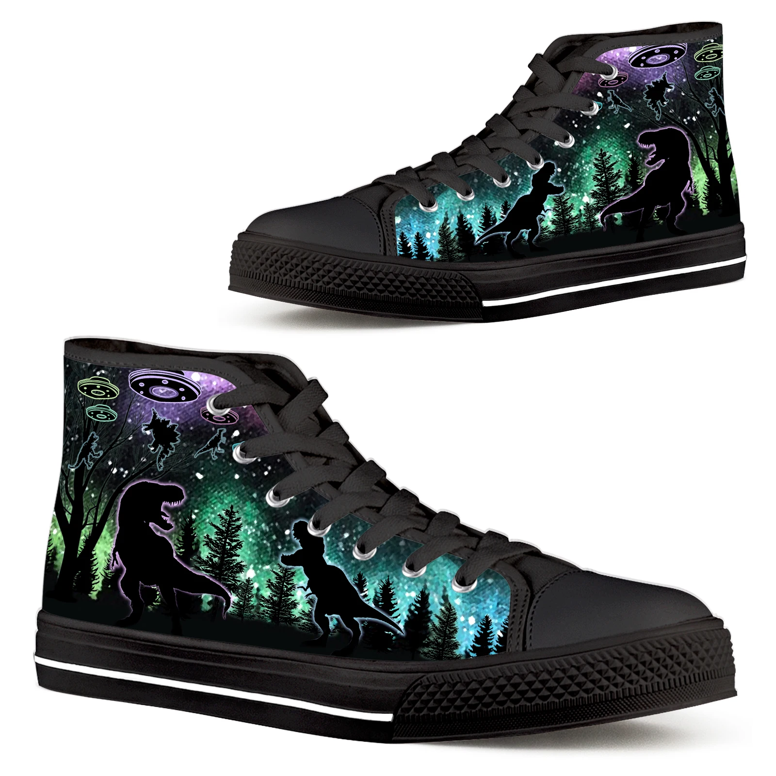 ELVISWORDS Fashion Shoes Cartoon Starry Sky Universe Space Galaxy Dinosaur Sneakers T-Rex UFO Print Tennis Shoes Chaussure Femme