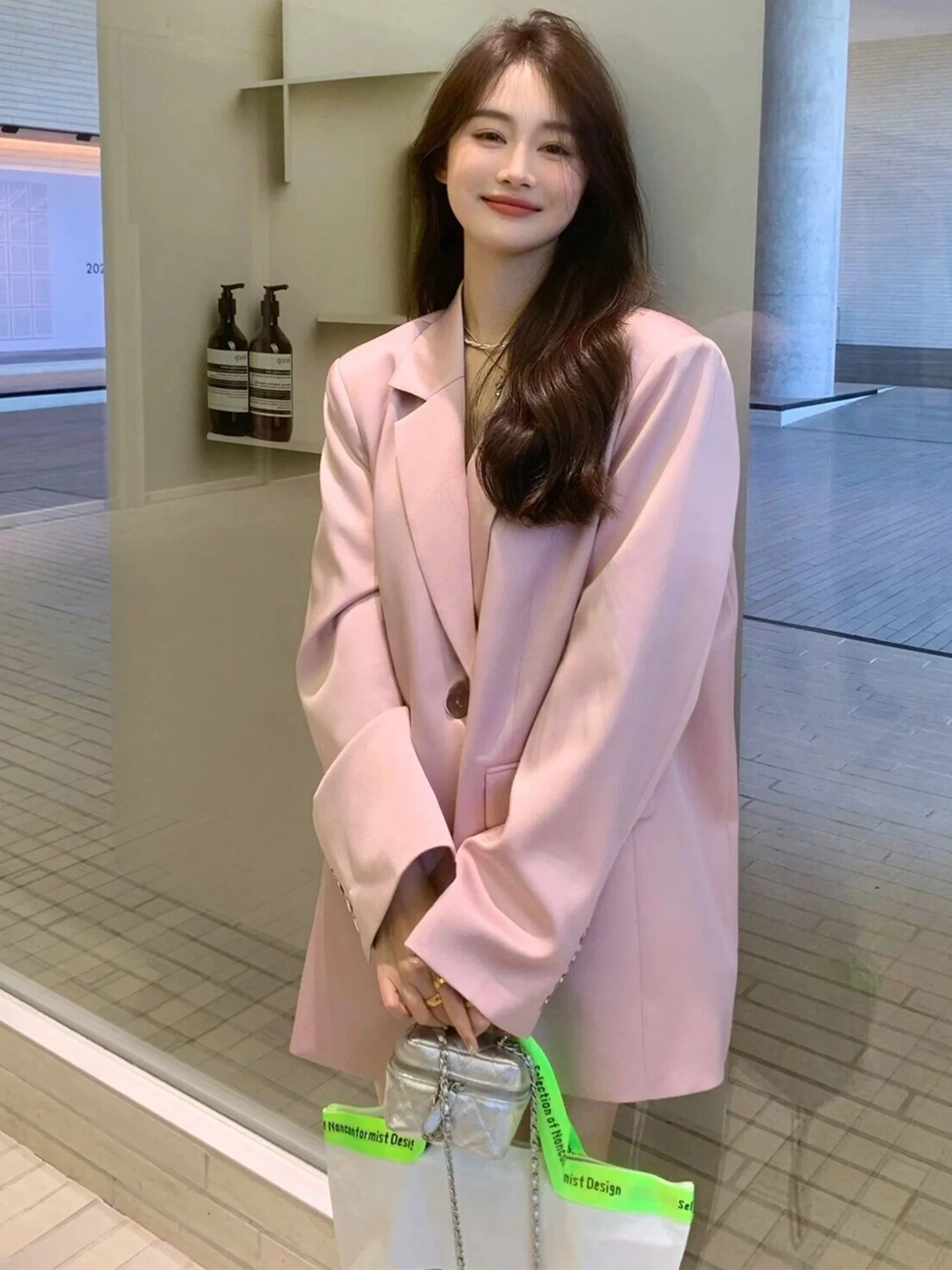 

ROUJE KEFSS Casual Chic Women's Mid-Length Loose Fit Suit Jacket Autumn Season High Waist Commute Style Long Sleeve Color
