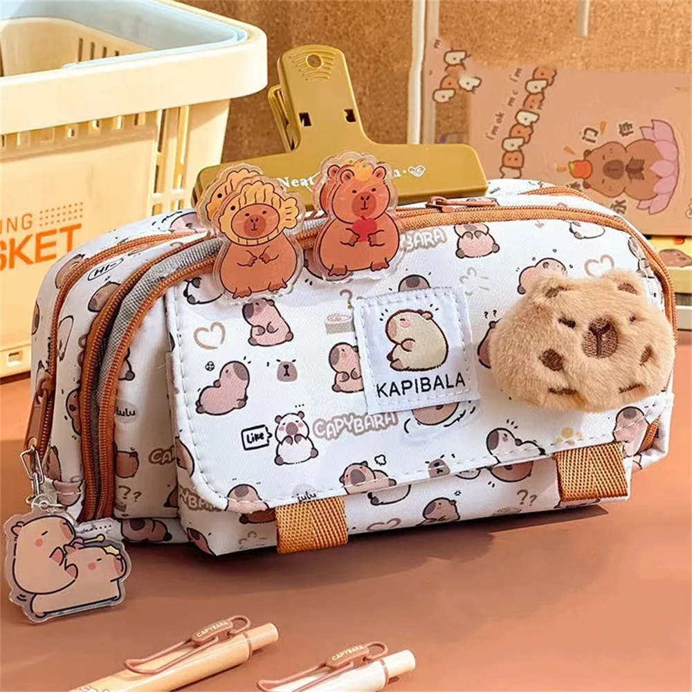 Ins Capybara Multi-Layer Large Capacity Pen Bag Cute Cartoon Pencil Case Stationery Organizer Storage Bag For Students Gift