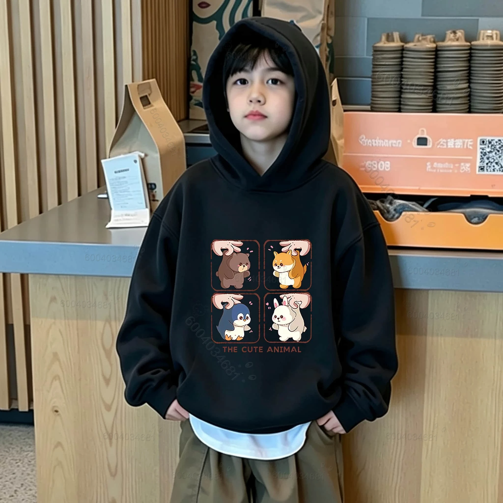 Trendiges, süßes Tiermuster-Kinder-Sweatshirt für Herbst und Winter, bequemes und warmes Alltags-Hoodie für Jungen und Mädchen. – Detail 7