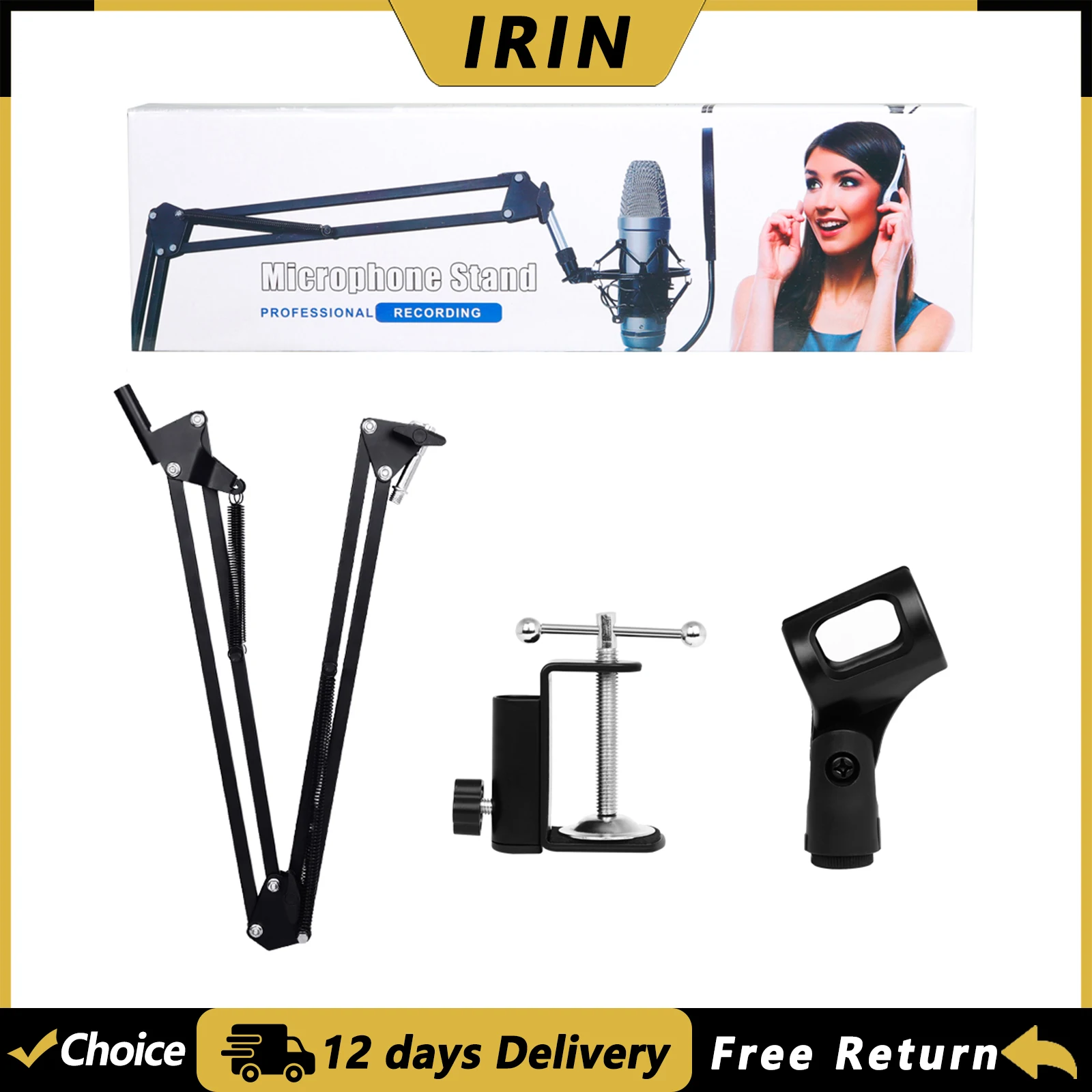 IRIN Microphone Cantilever Stand Adjustable Desktop Universal Mic Clip Holder Tripod Black Metal Cantilever Bracket