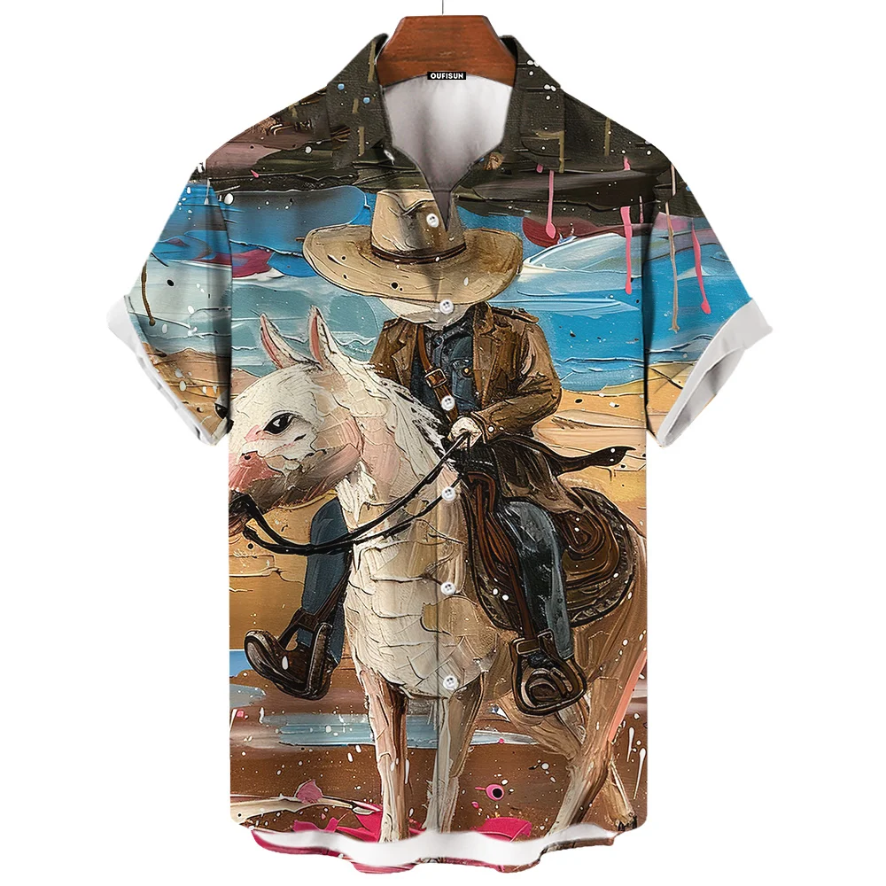 Oil Painting Western Cat Cowboy Riding Print Summer Fashion Men\'s Short Sleeve Shirt Travel Vacation Men\'s Shirt Oversized Top