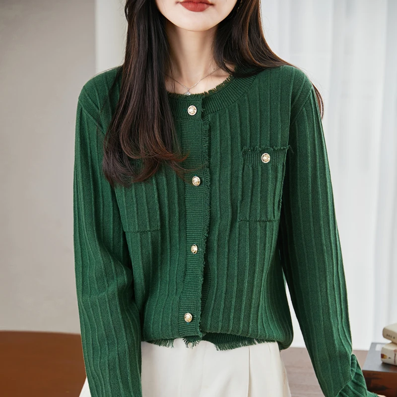 French High-End Bouclé Pure Cotton Knitted Cardigan Women's Outerwear Sweater 2025 New Fashion Elegant Top