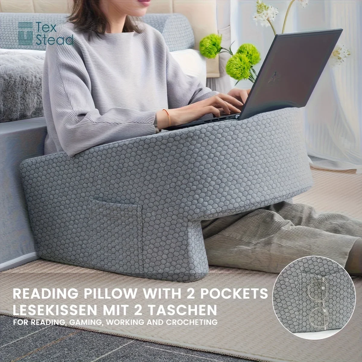 Air Layer Reading Pillow,Memory Foam Rectangular Backrest,Removable Cover Arm Support,Gaming Bed Rest for Sitting