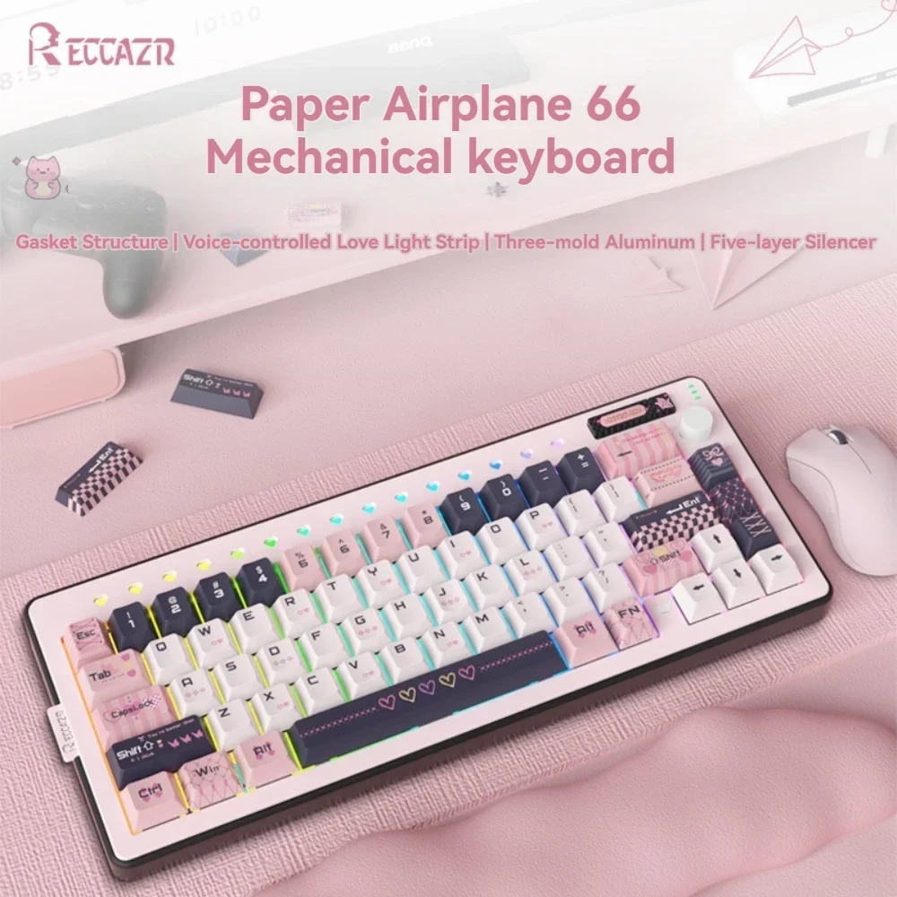 Reccazr Paper Plane 66 Mechanical Keyboard Wireless 3 Mode Aluminum Gaming Keyboard Hot Swap Gasket Customized PC Accessories