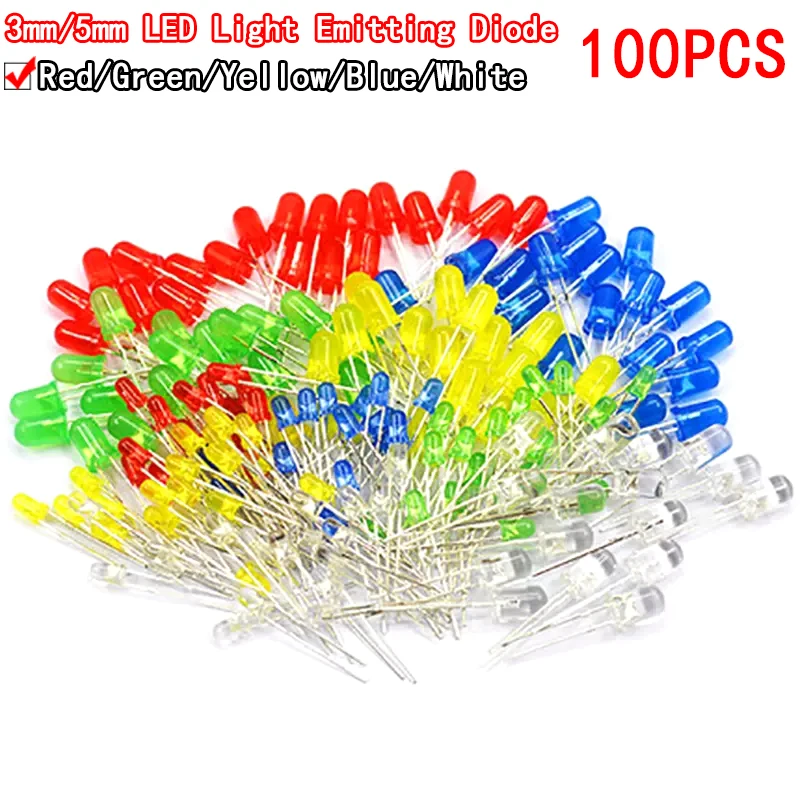 100 sztuk 3mm 5mm LED Light biały żółty czerwony zielony niebieski różnorodny zestaw DIY zestaw diod LED elektroniczny zestaw do majsterkowania