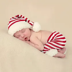 Ylsteed Newborn Christmas Outfit for Pictures Studio Photoshoot Props Striped Pompom Hat and Pants Set Baby Boy Picture Prop