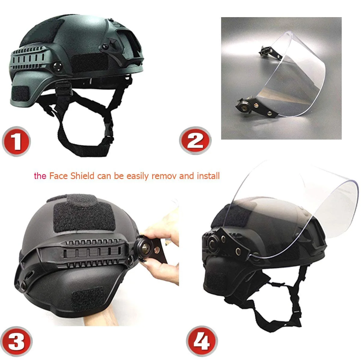 Airsoft MICH 2000 ACH Tactical Helmet with Clear Visor NVG Mount and Side Rail