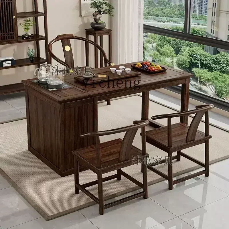 

XL ebony balcony small apartment tea table and chair combination new Chinese solid wood office coffee table kung fu tea table