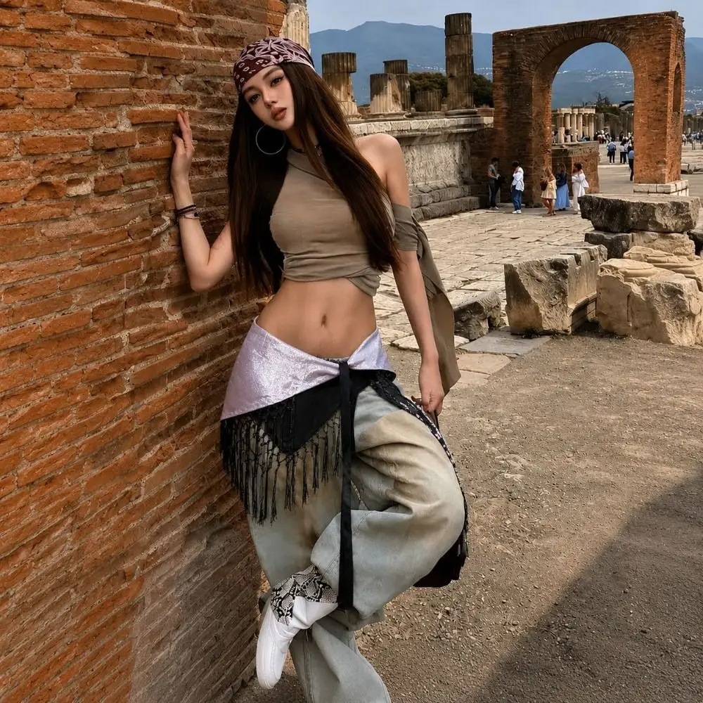 Fashion Leopard Print Triangle Hip Scarf Self-tie Tie Dye Waist Wrap Skirt Fringed Edge Decorative Waist Scarf Streetwear Style