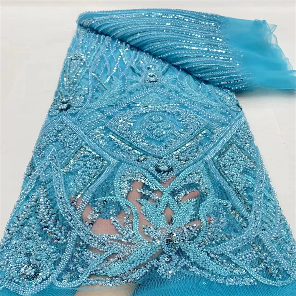 

2024 Fashion Elegant French Embroidery Heavy Beaded Laces Fabric African Nigerian With Sequins Fabric For Bridal Wedding Dresses