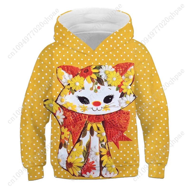 ملابس أطفال بناتي بغطاء للرأس بأكمام طويلة لطيفة ثلاثية الأبعاد مطبوعة على شكل قطة ملابس أطفال للربيع والخريف ملابس كاواي خارجية للأولاد والبنات ملابس علوية