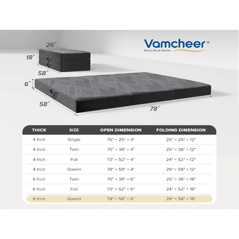 Kasur Lipat Ukuran Queen, Kasur Lipat 6 Inci, Matras Busa Memori Lipat Tiga Dengan Penutup yang Dapat Dilipat dan Dicuci