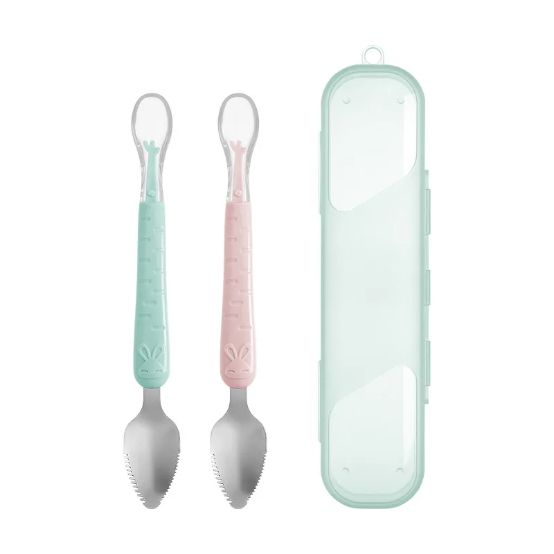 Baby Food Feeding Spoon Stainless Steel Scraping Silicone Soft Spoon Infant Tableware Utensil With Box Children Toddler Cutlery