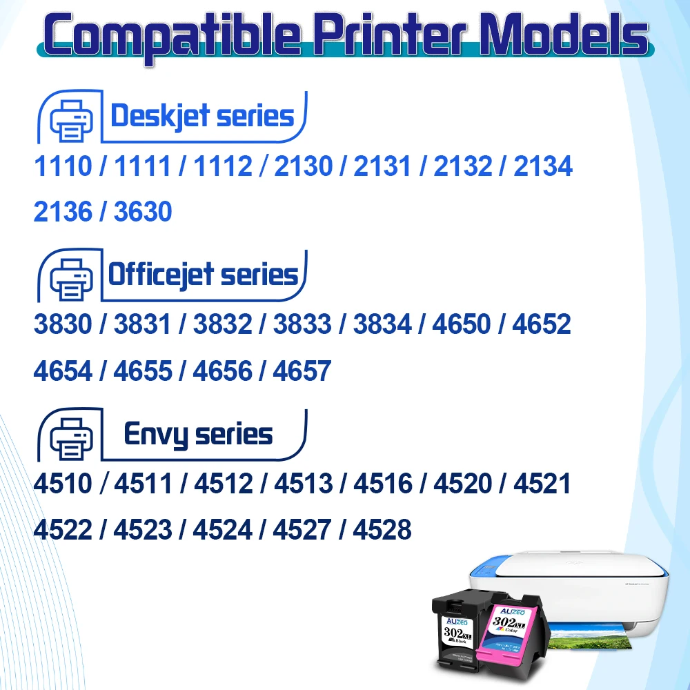 Alizeo 302 XL For HP 302 Ink Cartridge Remanufactured Officejet 3830 3831 3832 3833 3834 4650 4652 4654 4655 4656 Printer