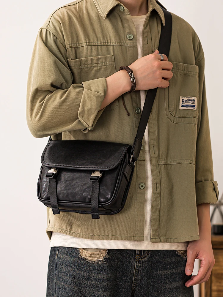 Fashion trend high quality genuine leather men's black shoulder bag casual designer handmade real cowhide teens crossbody bag