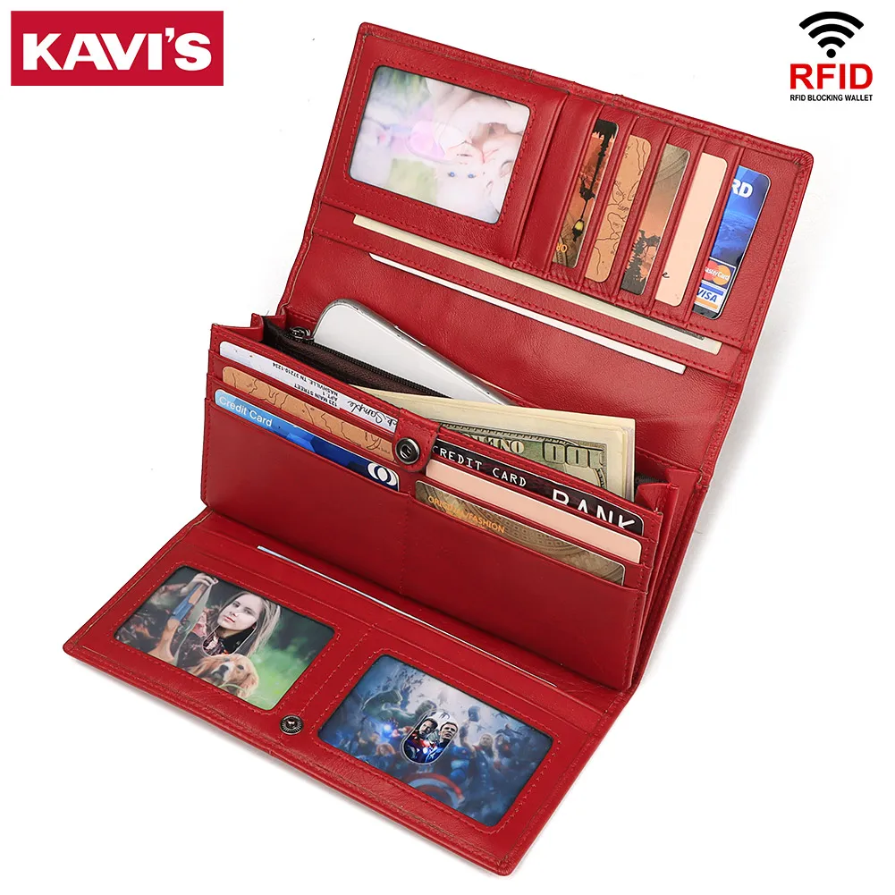KAVIS Trifold Clutch Wallet for Women Genuine Leather Long Classic Money Bag with RFID Credit Card Holder Slot and Phone Pocket