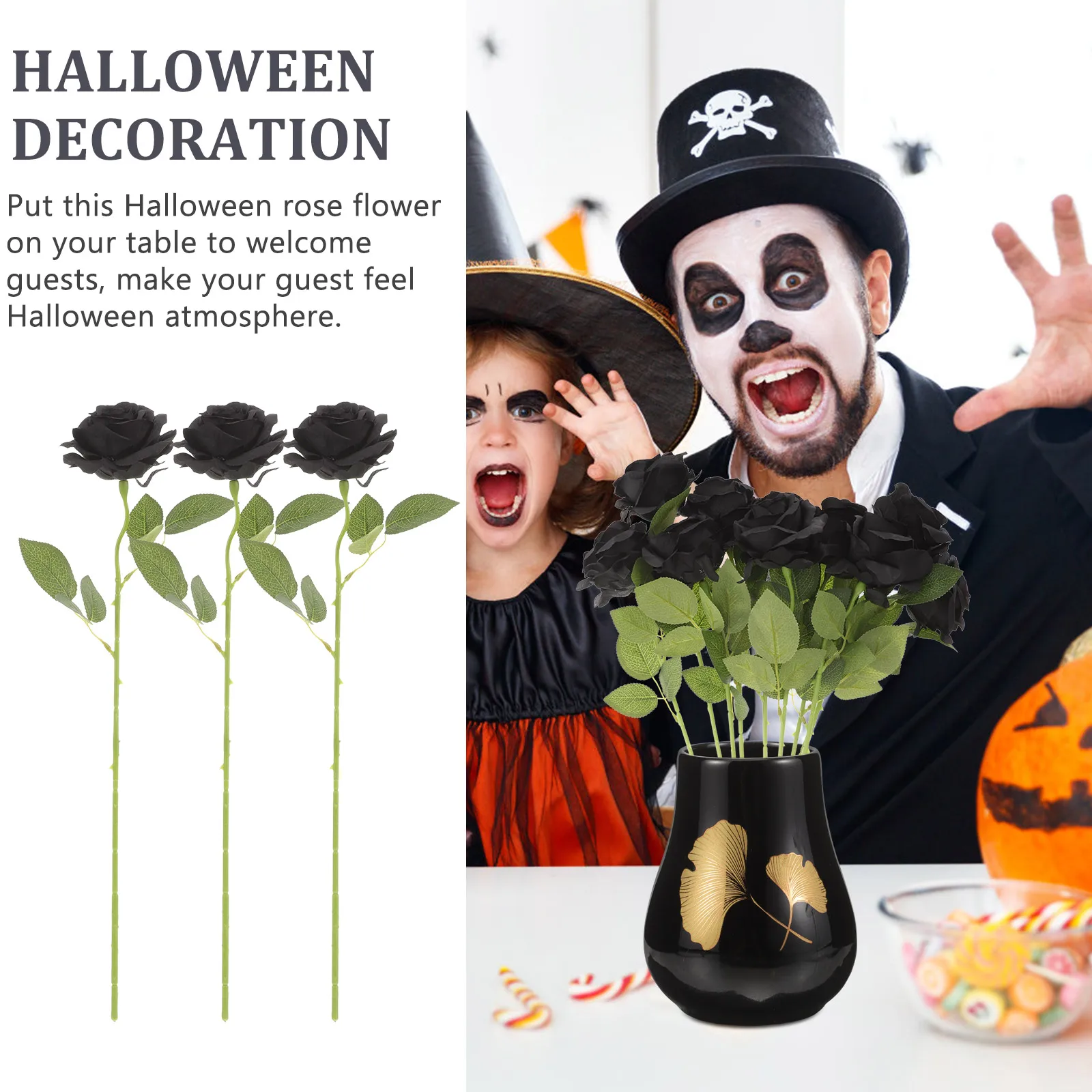 

10 Pcs Decorate Bouquet of Silk Black Roses Halloween Decorations Plastic Decorative Artificial Flowers