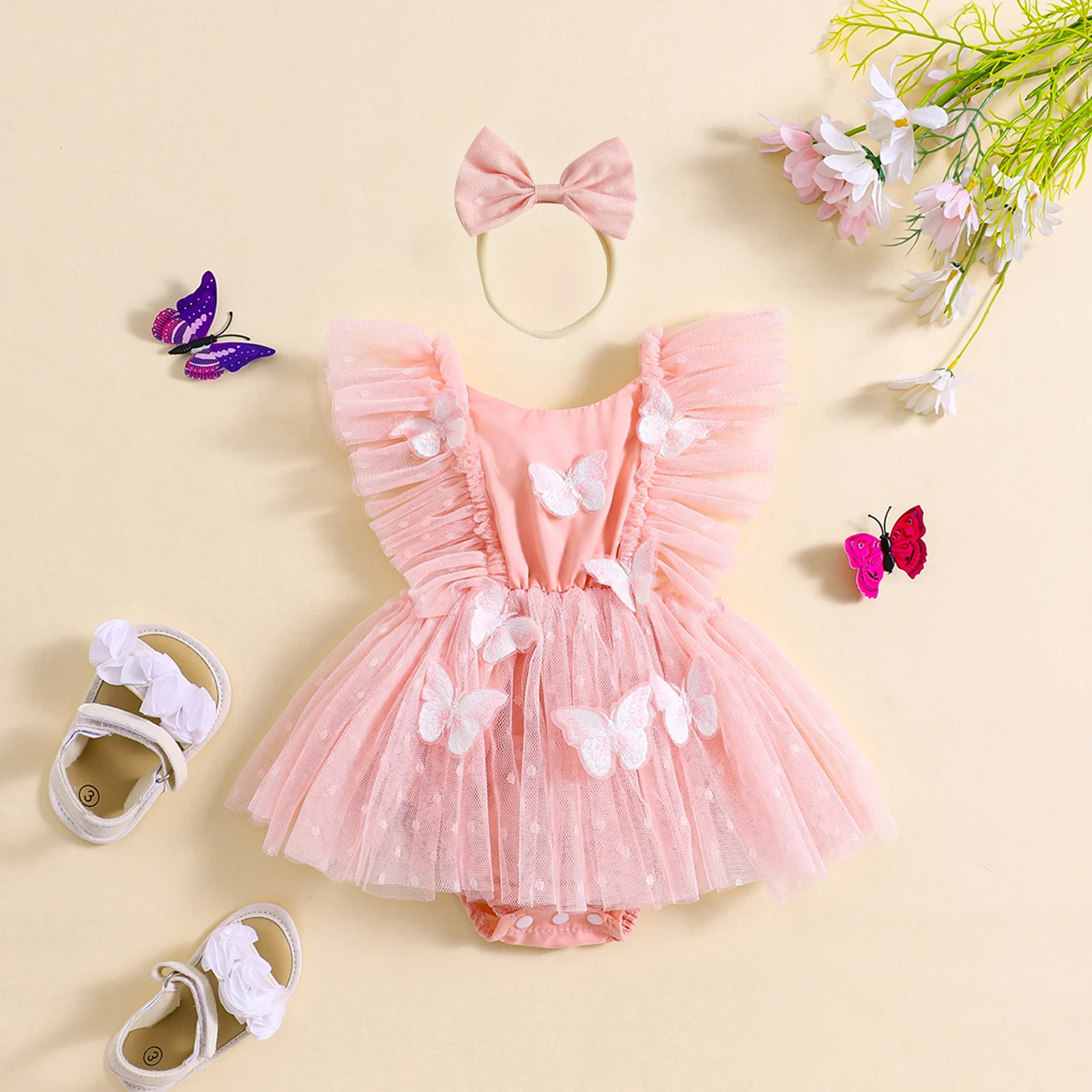 

SUNSIOM Baby Girl Cute Bodysuits 2 Piece 3D Butterfly Fly Sleeve Mesh Romper Dress Bow Headband Newborn Summer Set Outfits