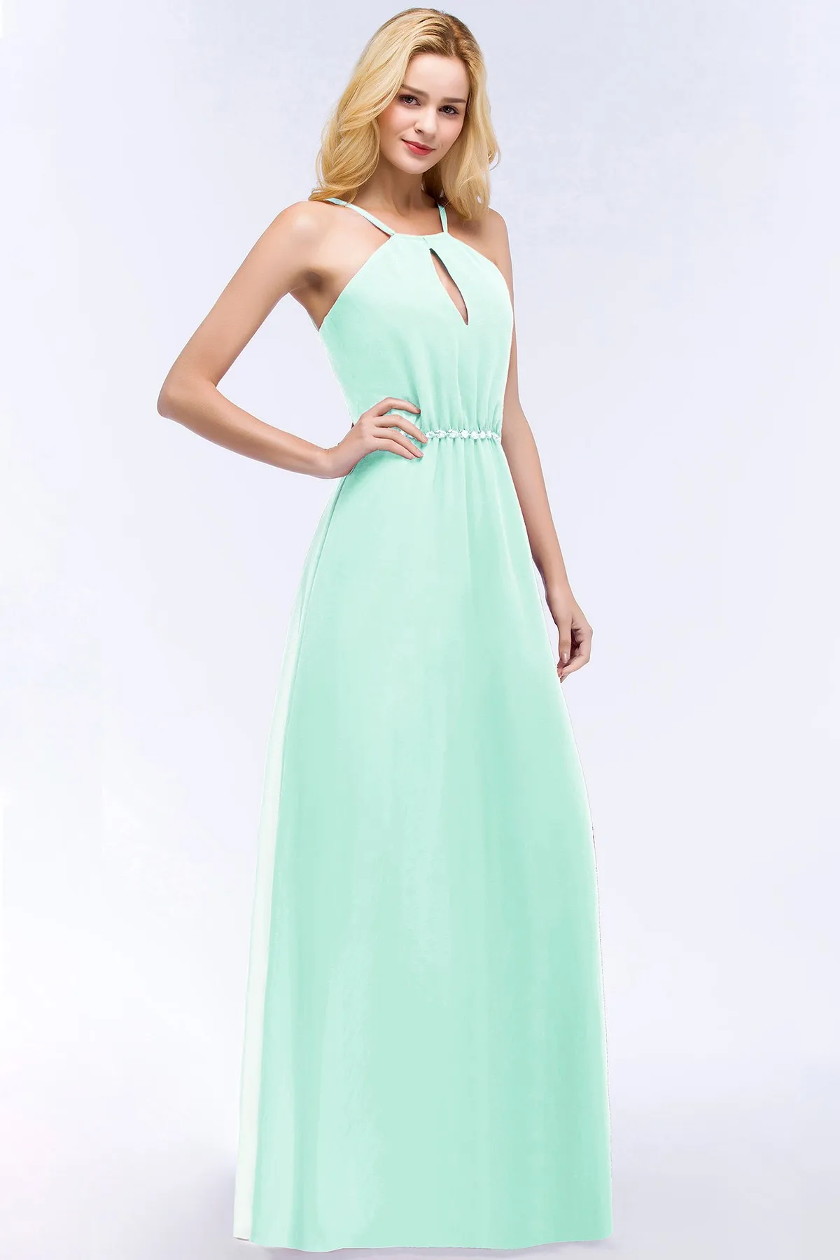 Burgundy Halter Long Evening Dresses Women Elegant Mint Green Sleeveless With Crystal Belt Elastic Waist Formal Party Prom Gowns