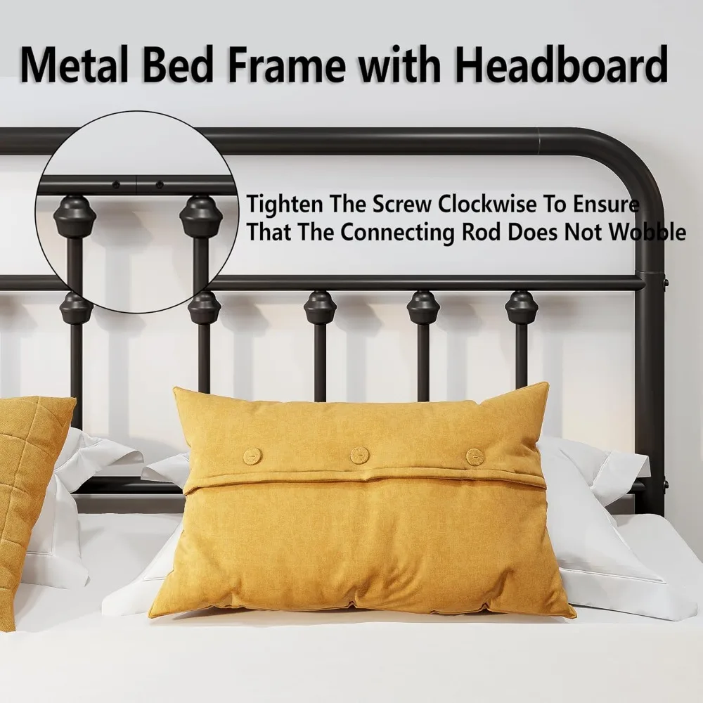 إطار سرير معدني بحجم كينج مع لوح رأسي، قوي وشديد التحمل، ودعم شريحة فولاذية، وحل تخزين تحت السرير