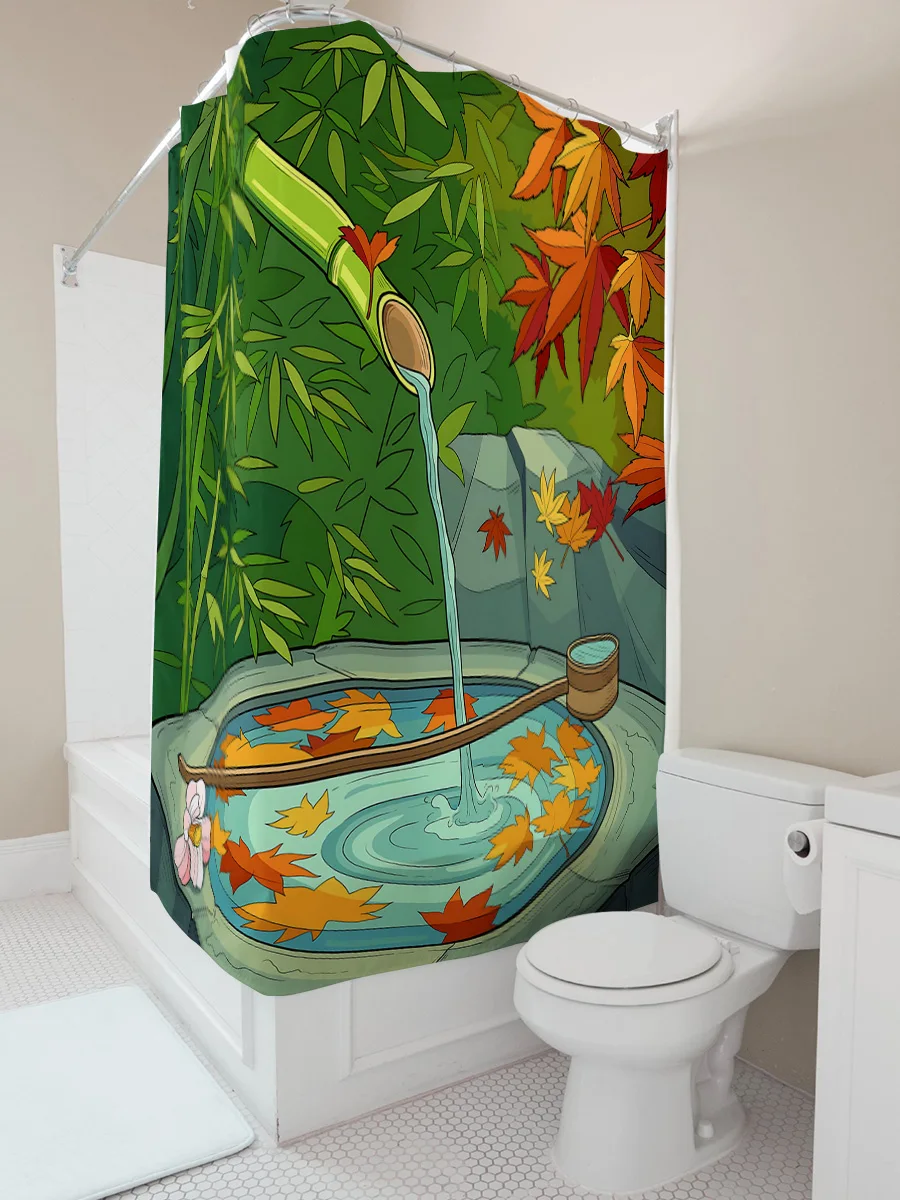

Japanese Bamboo Waterfall Leaves Decorative ShowerCurtain Bath Tub Fabric Nature Inspired with Hooks Easy toInstall and Maintain