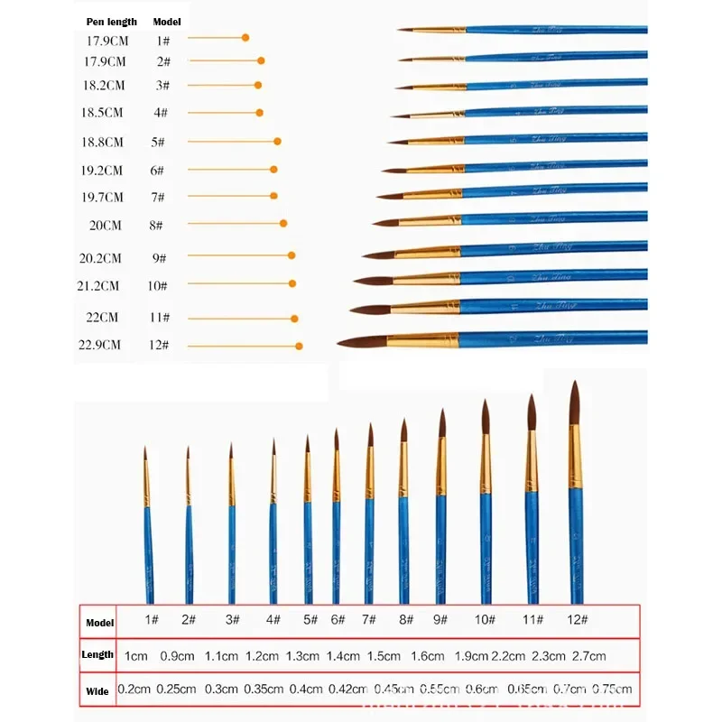 12Pcs/Set Nylon Hair Paint Brushes Artist Fine Oil Painting Brush for Watercolor Acrylic Drawing Art Supplies