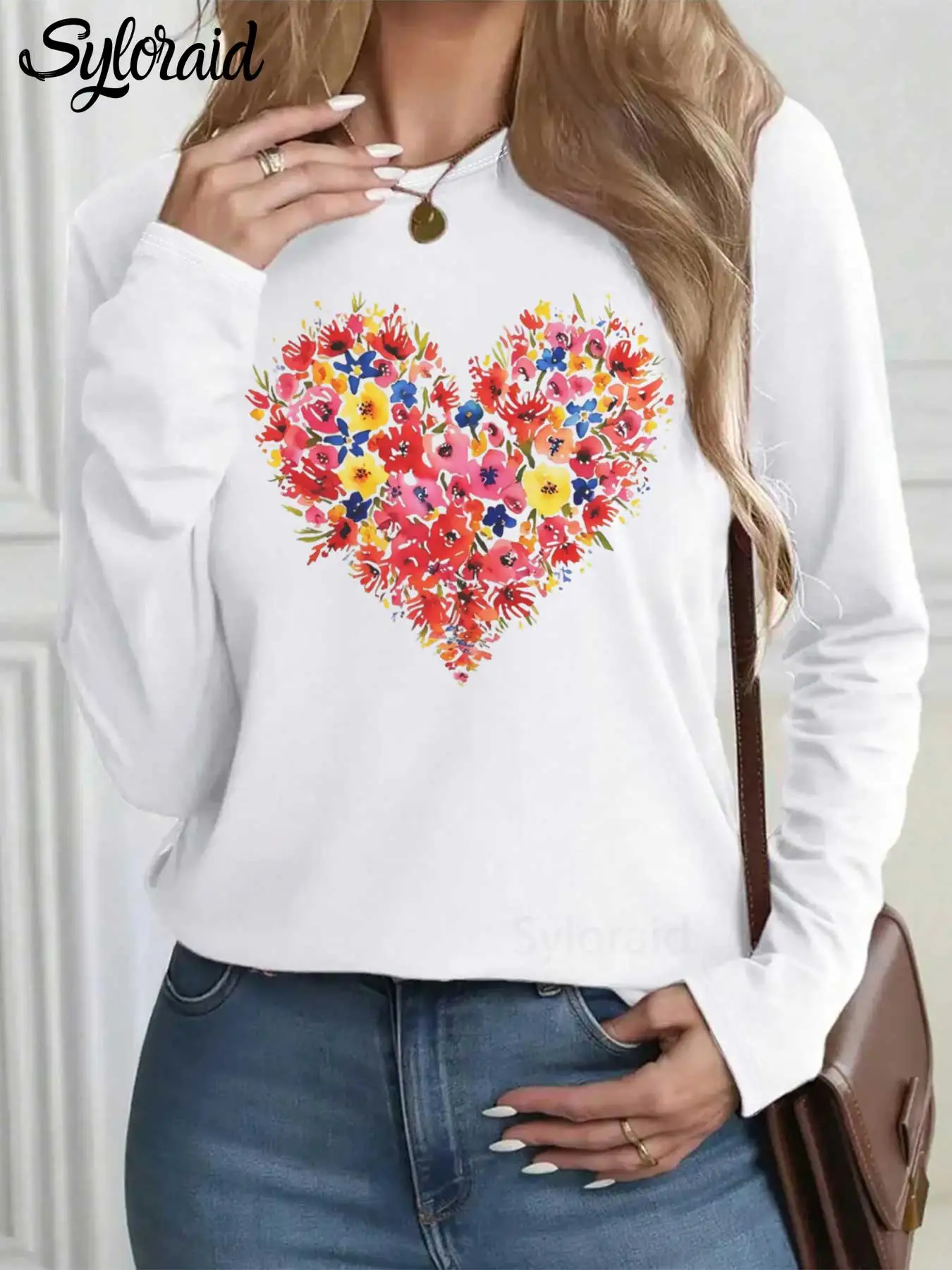 

Women's Long Sleeve T Shirt Valentine's Day Colorful Floral Heart Print T Shirt Fashion Round Neck Casual Top