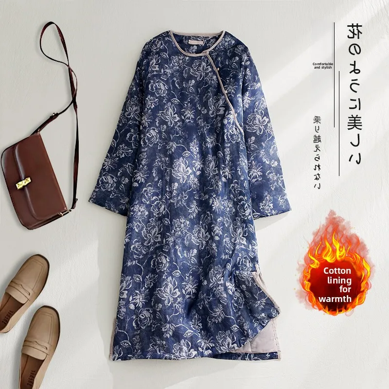 

Retro Sle Cotton Linen Print Qipao Dr Long Sve Slit mid Waist A-Line Skirt for plus Size Women Winter Casual Wear