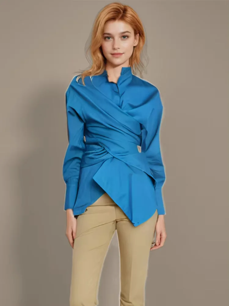

Fashion Women Shirt Stand Collar Single Breasted Side Split Irregular Hem Loose Solid Color Blouse Summer 2024 New