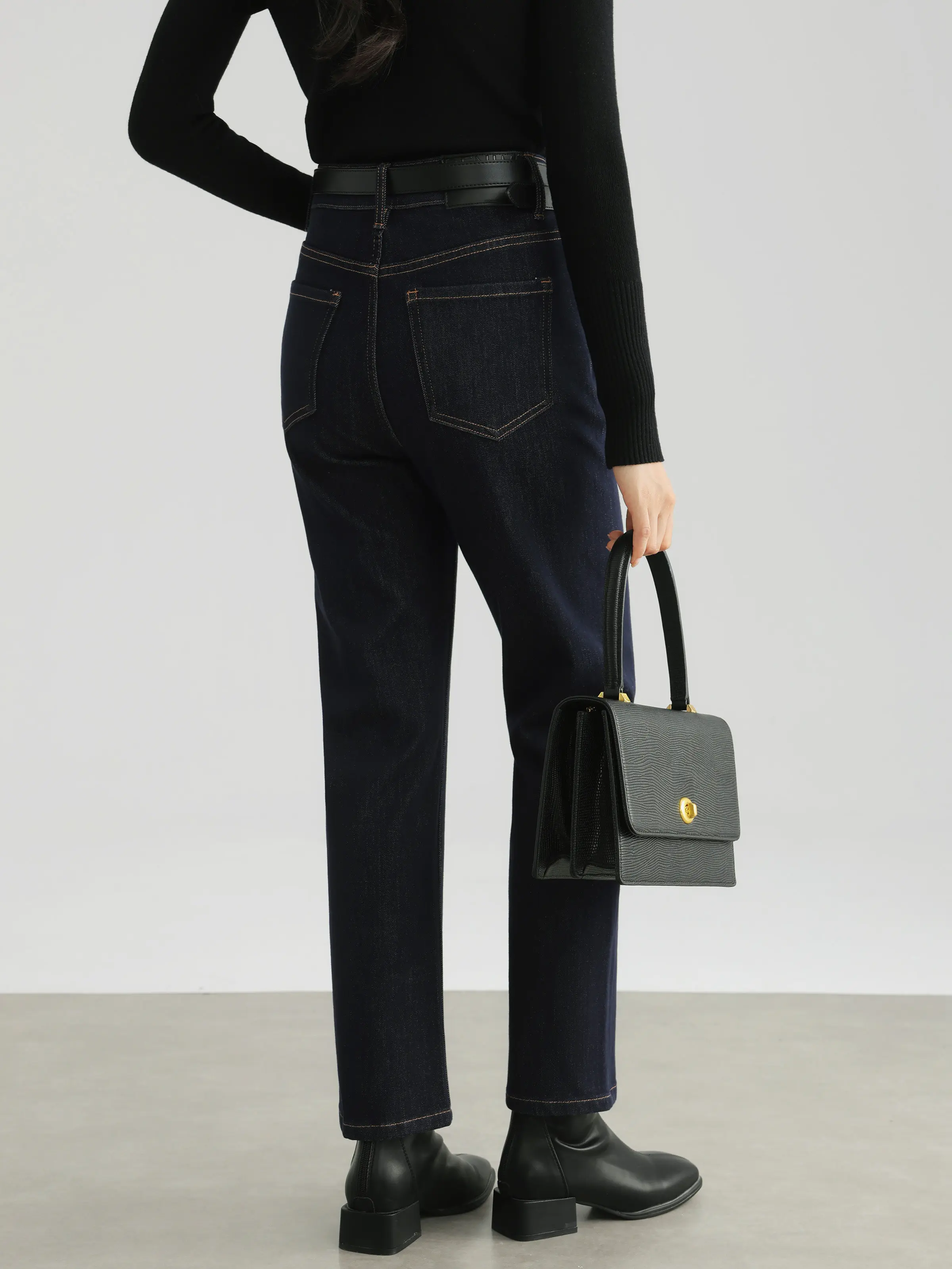 Vintage High Waist Straight Denim Pants Women Retro Stitching Elastic Casual Cropped Jeans Chic Daily Spring Style Lady Outfit