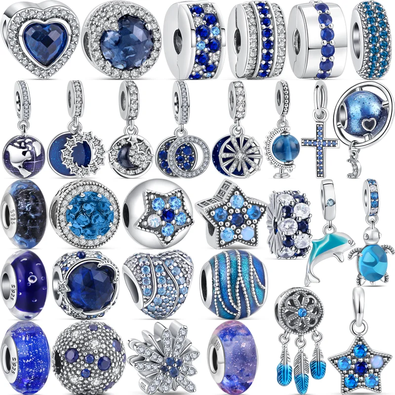 

2024 New Blue Series Fit Original Pandora Charms Bracelets DIY Women Jewelry Sky Star Snowflake Sparkling Love 925 Silver Beads