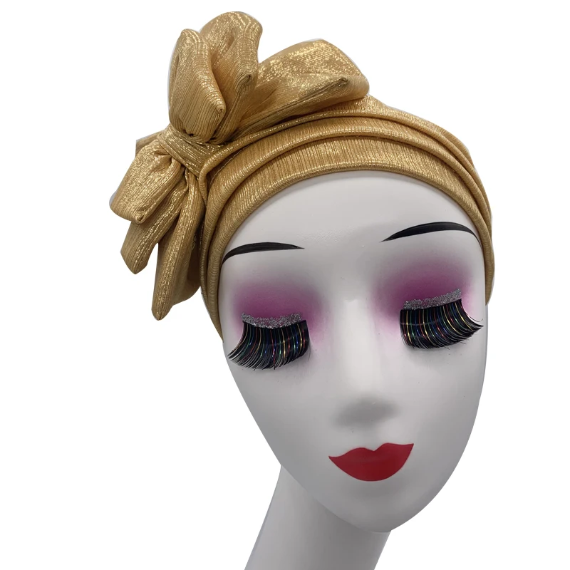 Shinning Multi-schicht Bowknot Turban Kappe für Frau Mode Afrikanische Headtie Nigeria Hochzeit Turbane Hut Muslim Headwrap Motorhaube – Detail 1